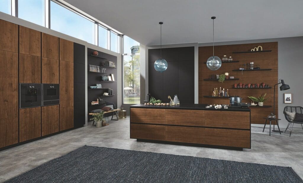 Ballerina Dark Wood Handleless Open Plan Kitchen | My Kitchen Specialist