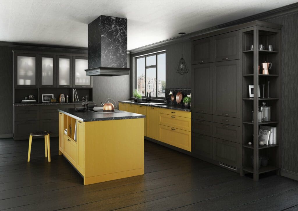 Bauformat Black Yellow Shaker L Shaped Kitchen With Island | My Kitchen Specialist