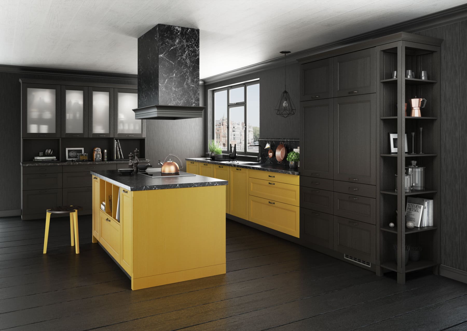 Bauformat Black Yellow Shaker L Shaped Kitchen With Island | My Kitchen Specialist