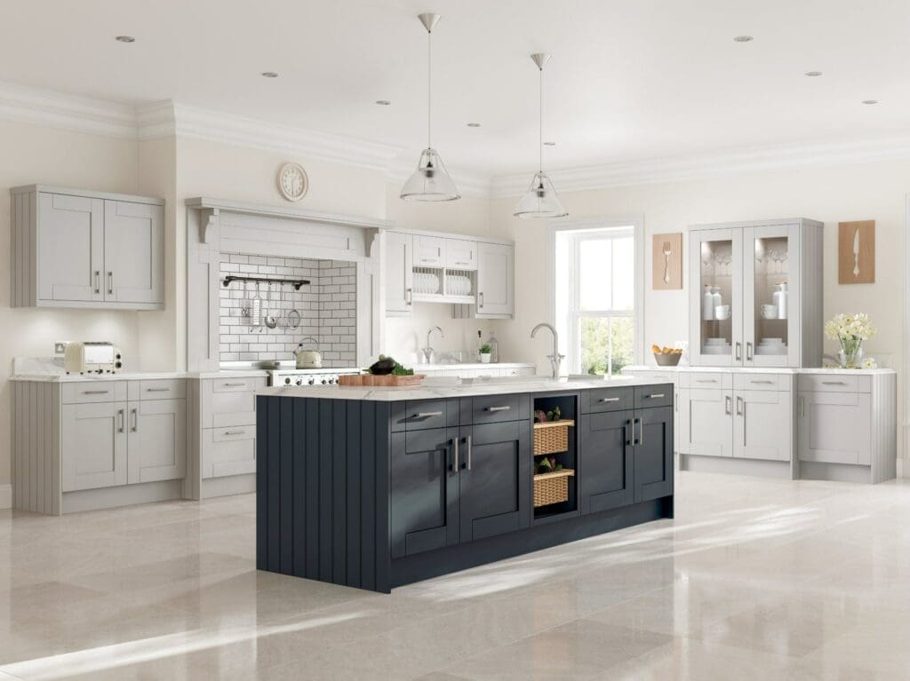 Jjo Colonial Shaker Grey Kitchen With Navy Island | My Kitchen Specialist