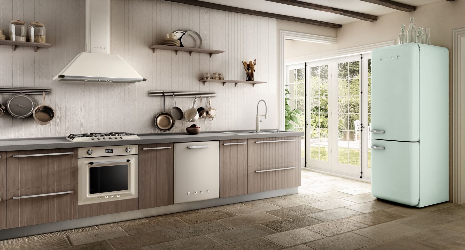 Smeg Cream Victoria Oven Gas Hob Hood Dishwahser And Fridge Freezer Www.staffordshirekitchens.com Fab38Urpg L01 | My Kitchen Specialist