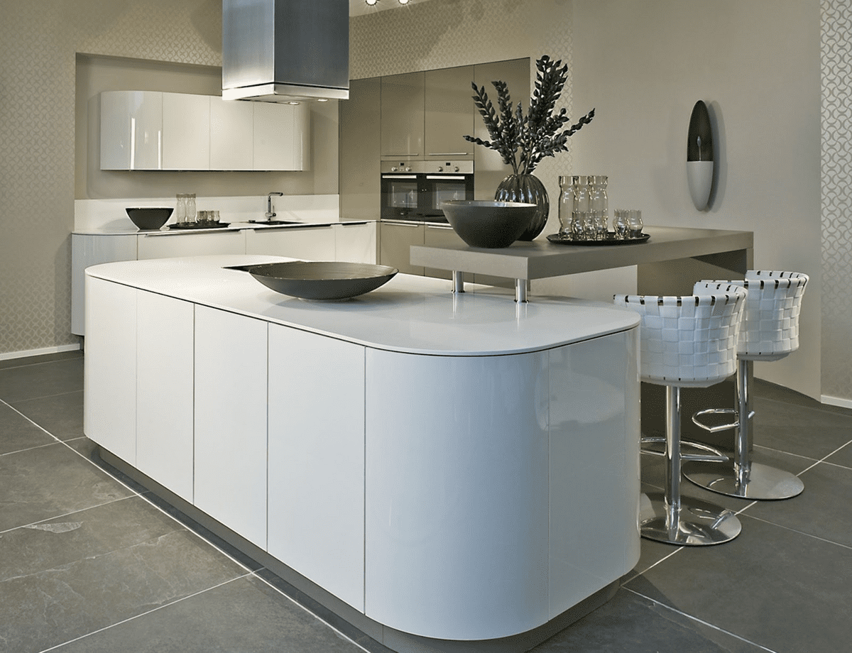 white gloss laminate curved kitchen island