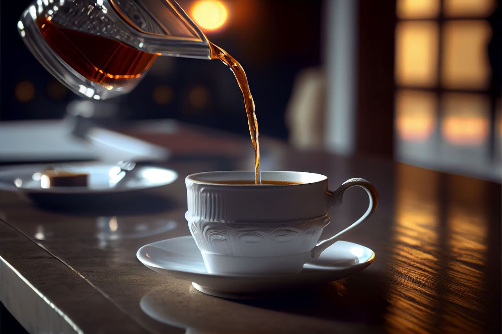 a cup of tea being poured into a cup