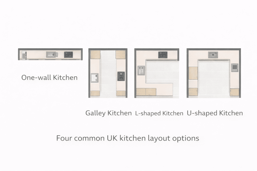 diagram of four common UK kitchen layout options | My Kitchen Specialist