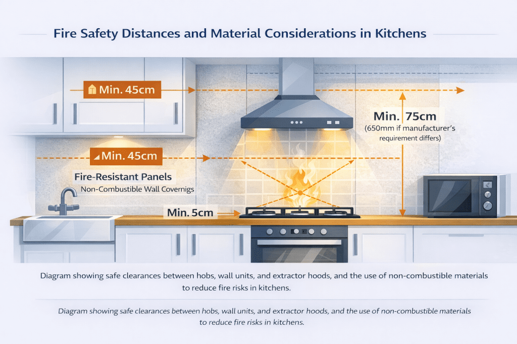Kitchen fire safety diagram showing safe distances between hob, wall units and extractor hood with fire-resistant materials. - My Kitchen Specialist