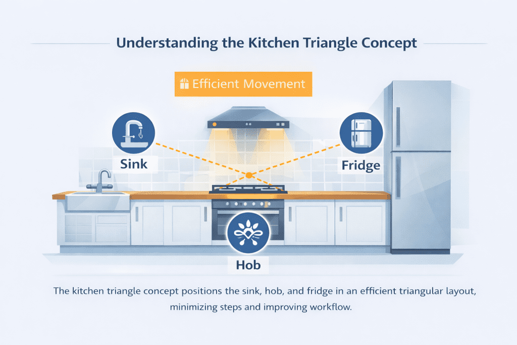 Kitchen triangle layout diagram showing the relationship between sink, hob and fridge for efficient movement.