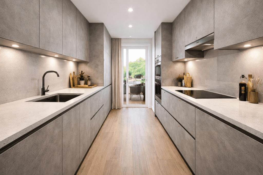 Handleless galley kitchen layout