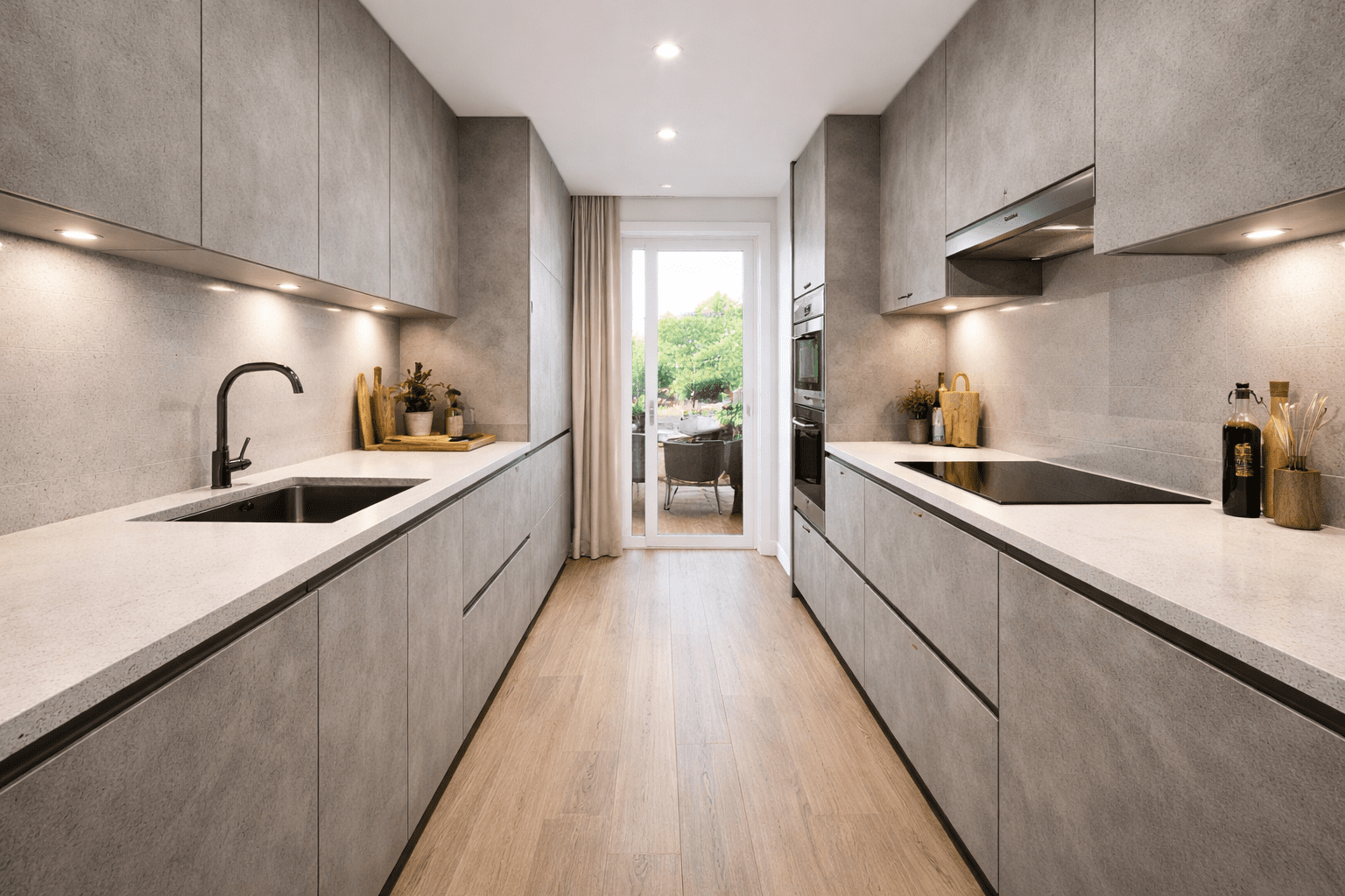Handleless galley kitchen layout