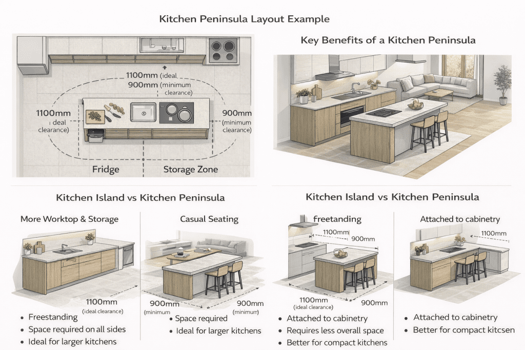 diagram of different kitchen peninsula layout options| My Kitchen Specialist