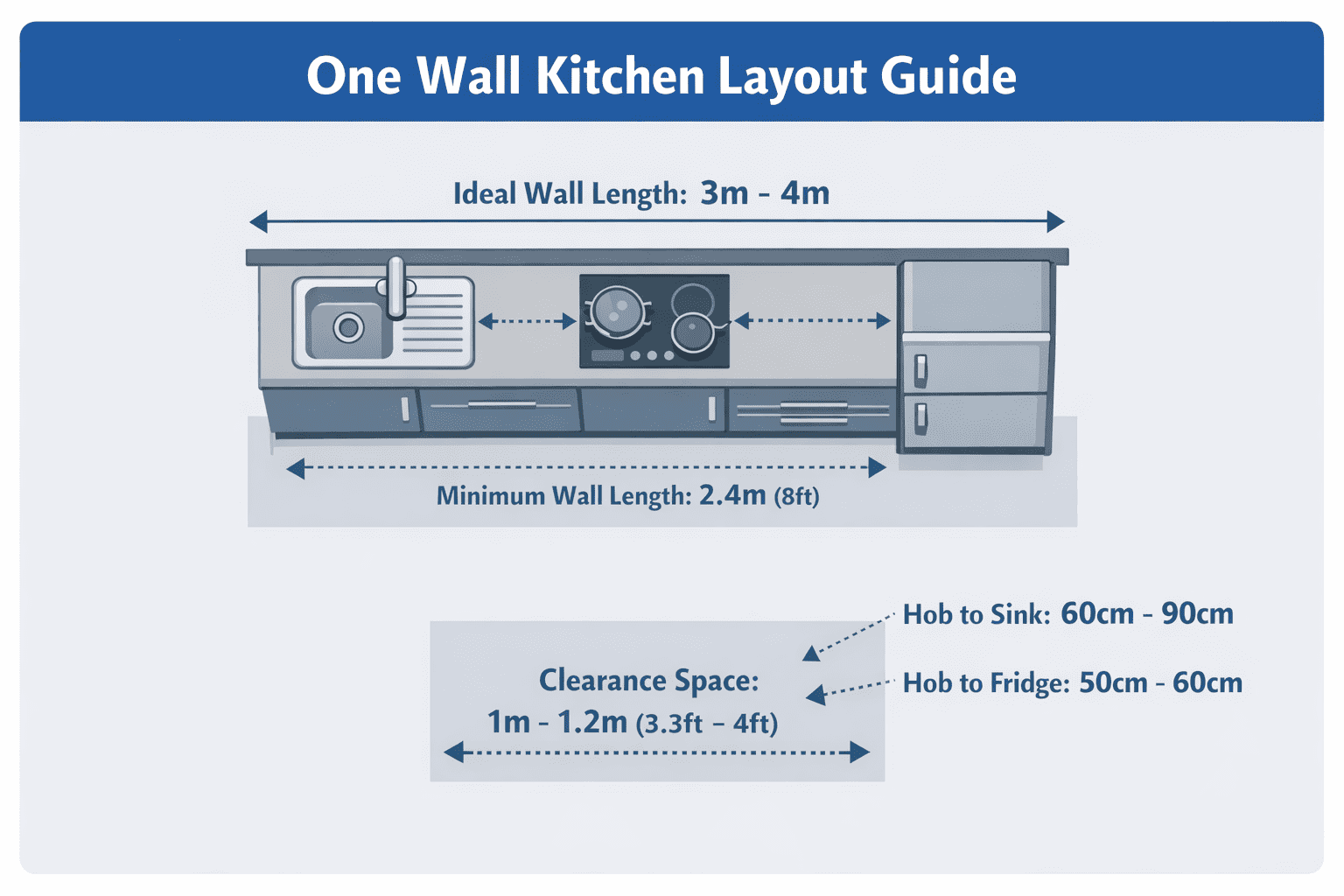 one wall kitchen layout dimensions guide | My Kitchen Specialist