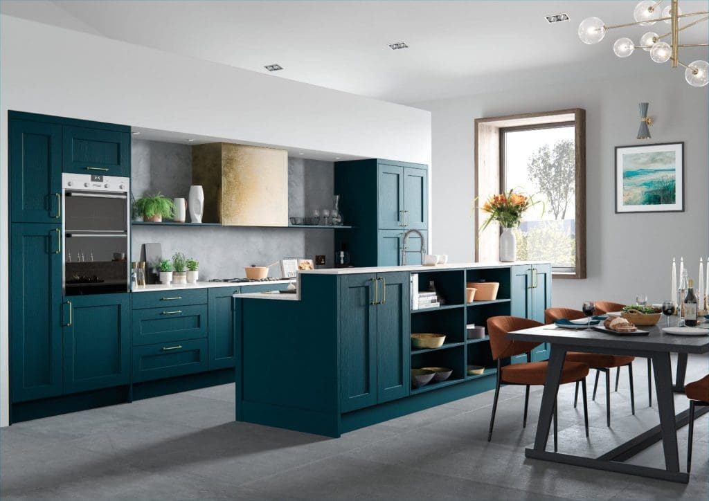 Alku Teal Shaker Open Plan Kitchen With Island | My Kitchen Specialist