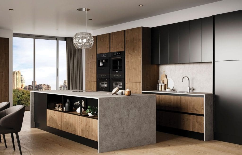 Textured Kitchen Cabinet Styles to Watch Out For | My Kitchen Specialist - Alku Dark Open Plan Kitchen Edited | My Kitchen Specialist