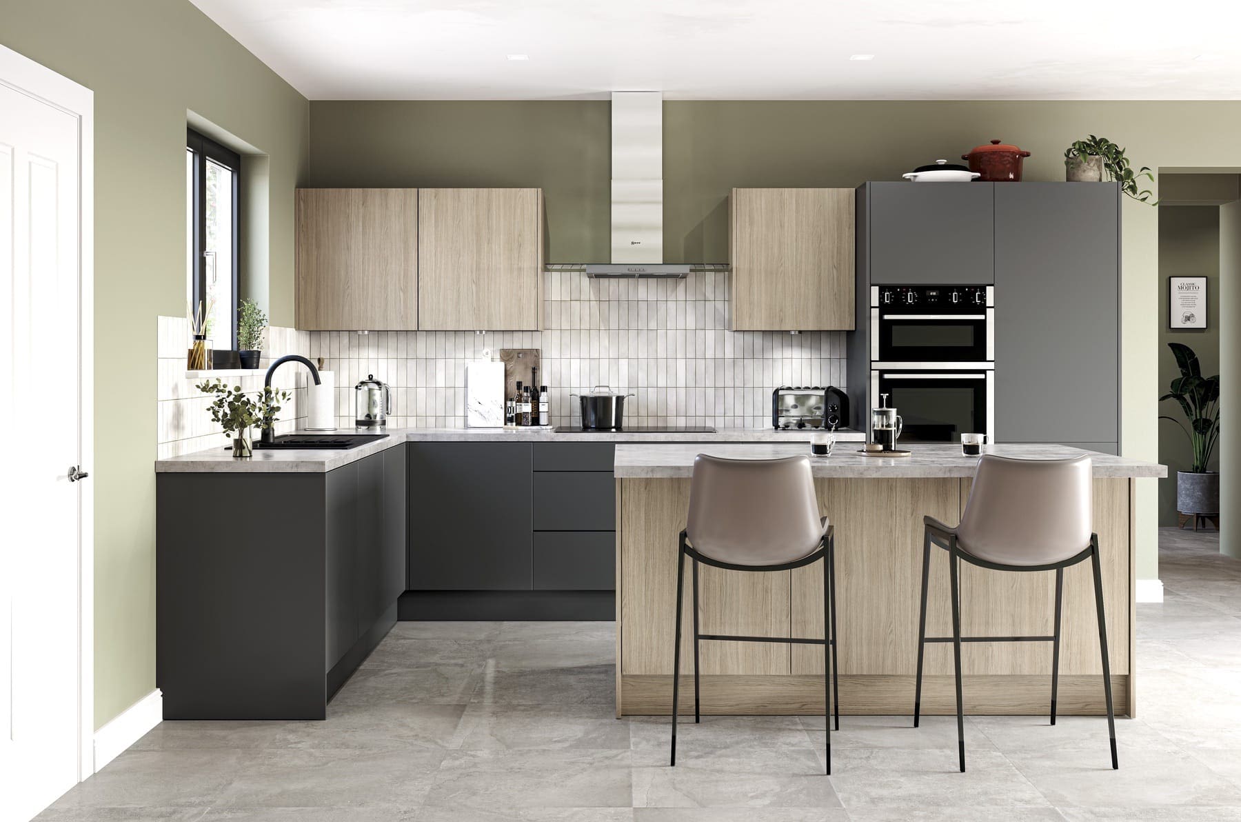 Modern Kitchen Colour Schemes for UK Homes - Tempo Charcoal Halifaxoak 1 | My Kitchen Specialist