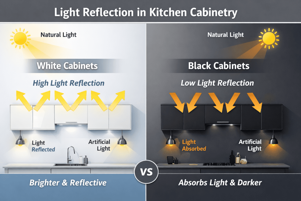 Black cabinetry absorbs more light than lighter finishes, making lighting design especially important.